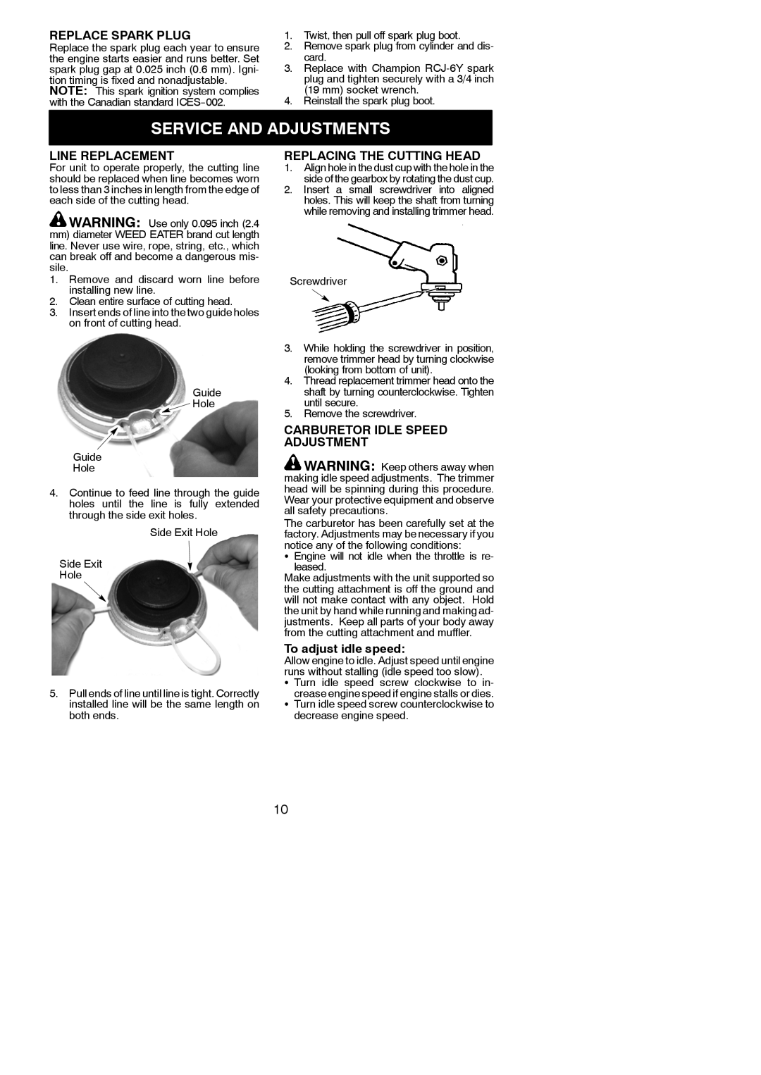 Weed Eater 952711940 Service and Adjustments, Replace Spark Plug, Line Replacement, Replacing the Cutting Head 