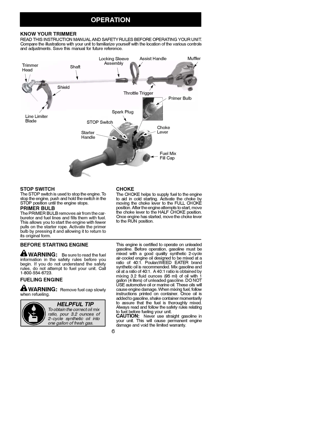 Weed Eater 952711940 instruction manual Operation 