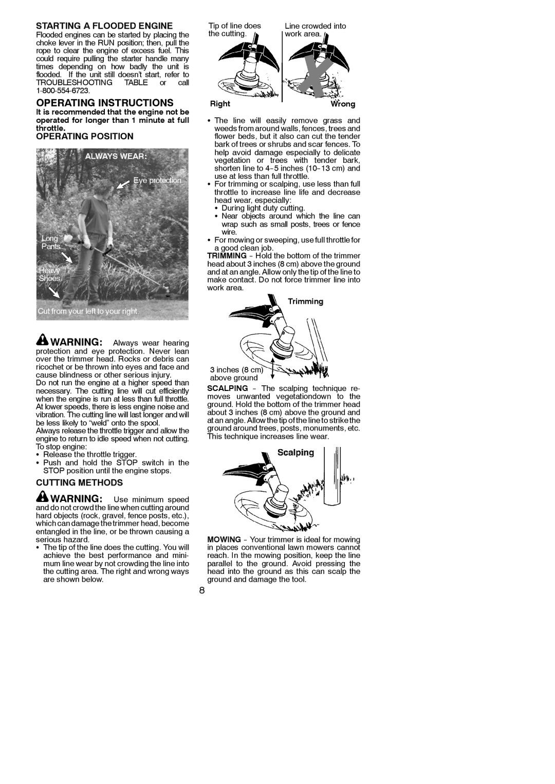 Weed Eater 952711940 instruction manual Starting a Flooded Engine, Operating Position, Cutting Methods 