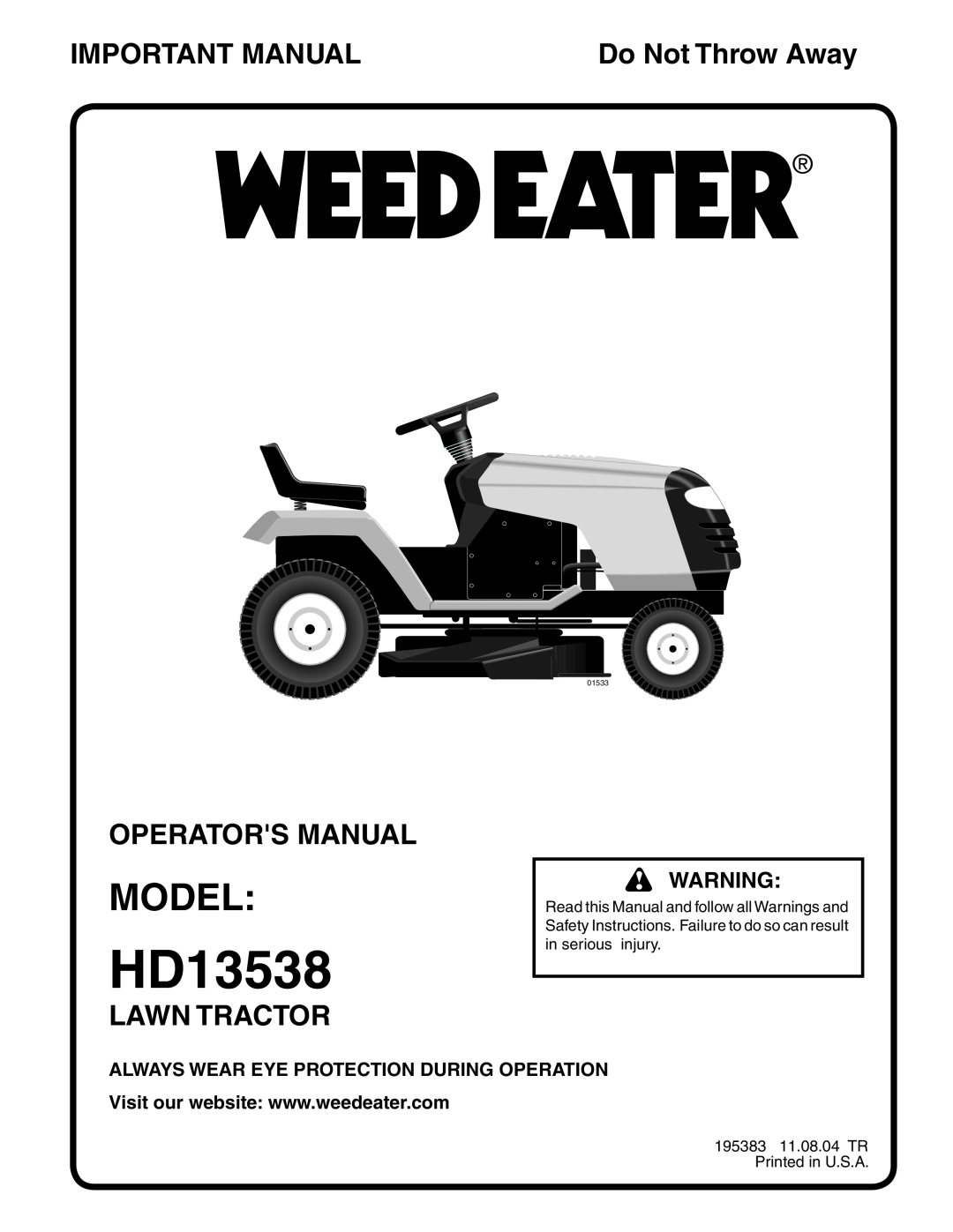 Weed Eater 96016000100 manual Model, Important Manual, Operators Manual, Lawn Tractor, HD13538, Do Not Throw Away, 01533 