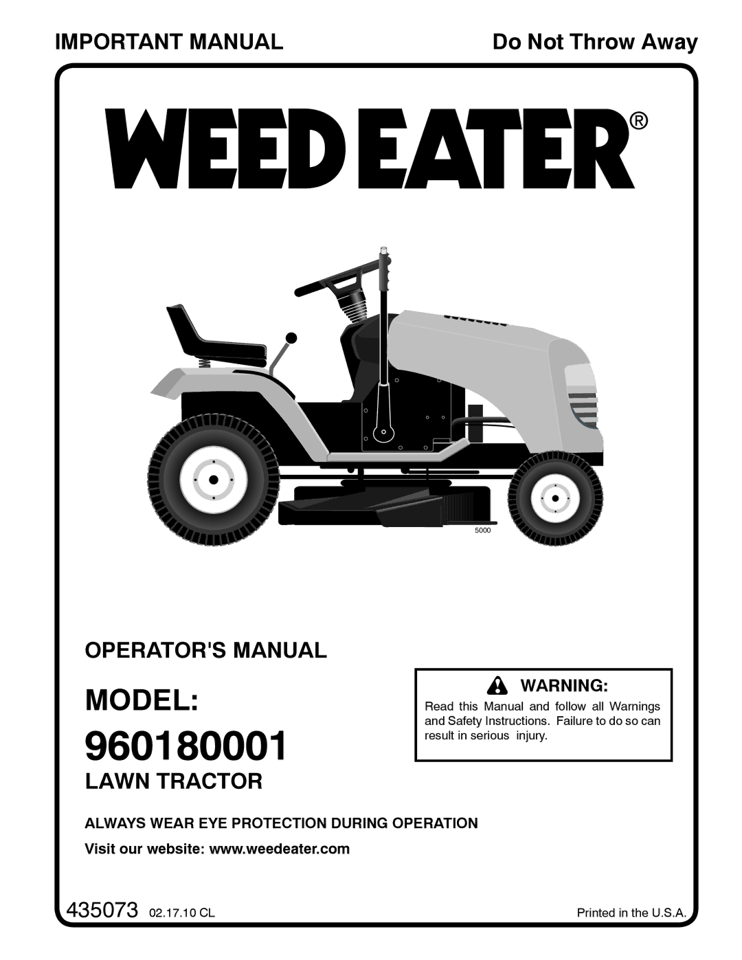 Weed Eater 96018000100, 435073 manual Model 