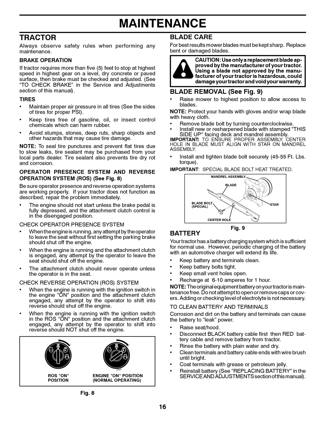 Weed Eater 96018000100, 435073 manual Tractor, Blade Care, Blade Removal See Fig, Battery 