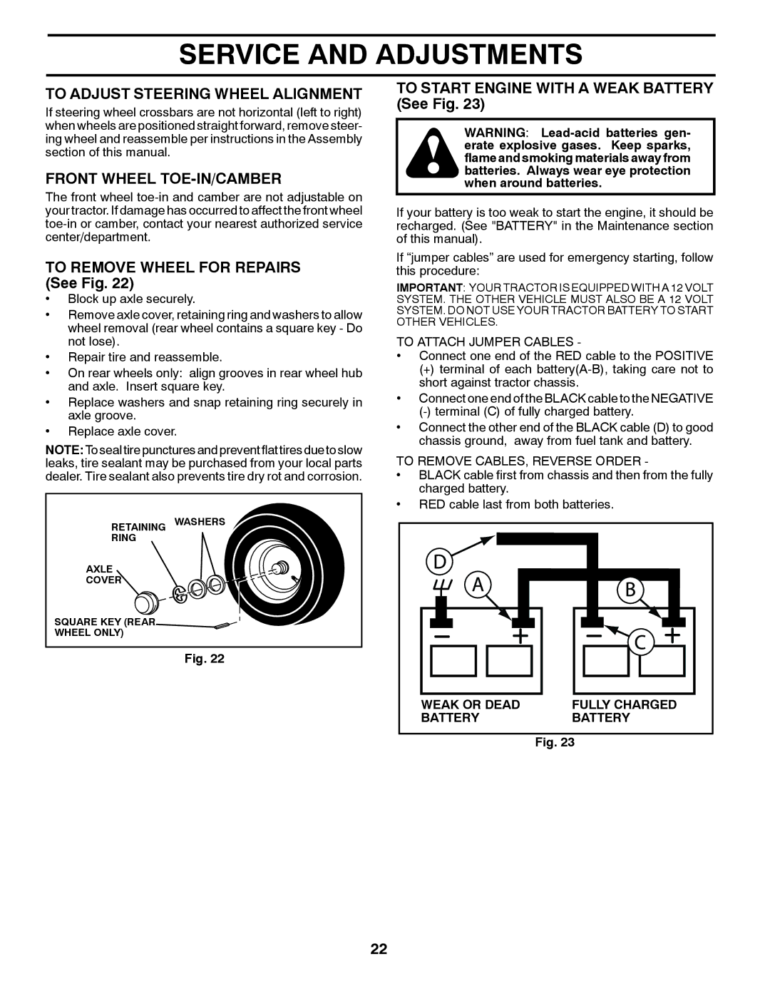 Weed Eater 960180001 To Adjust Steering Wheel Alignment, Front Wheel TOE-IN/CAMBER, To Remove Wheel for Repairs See Fig 