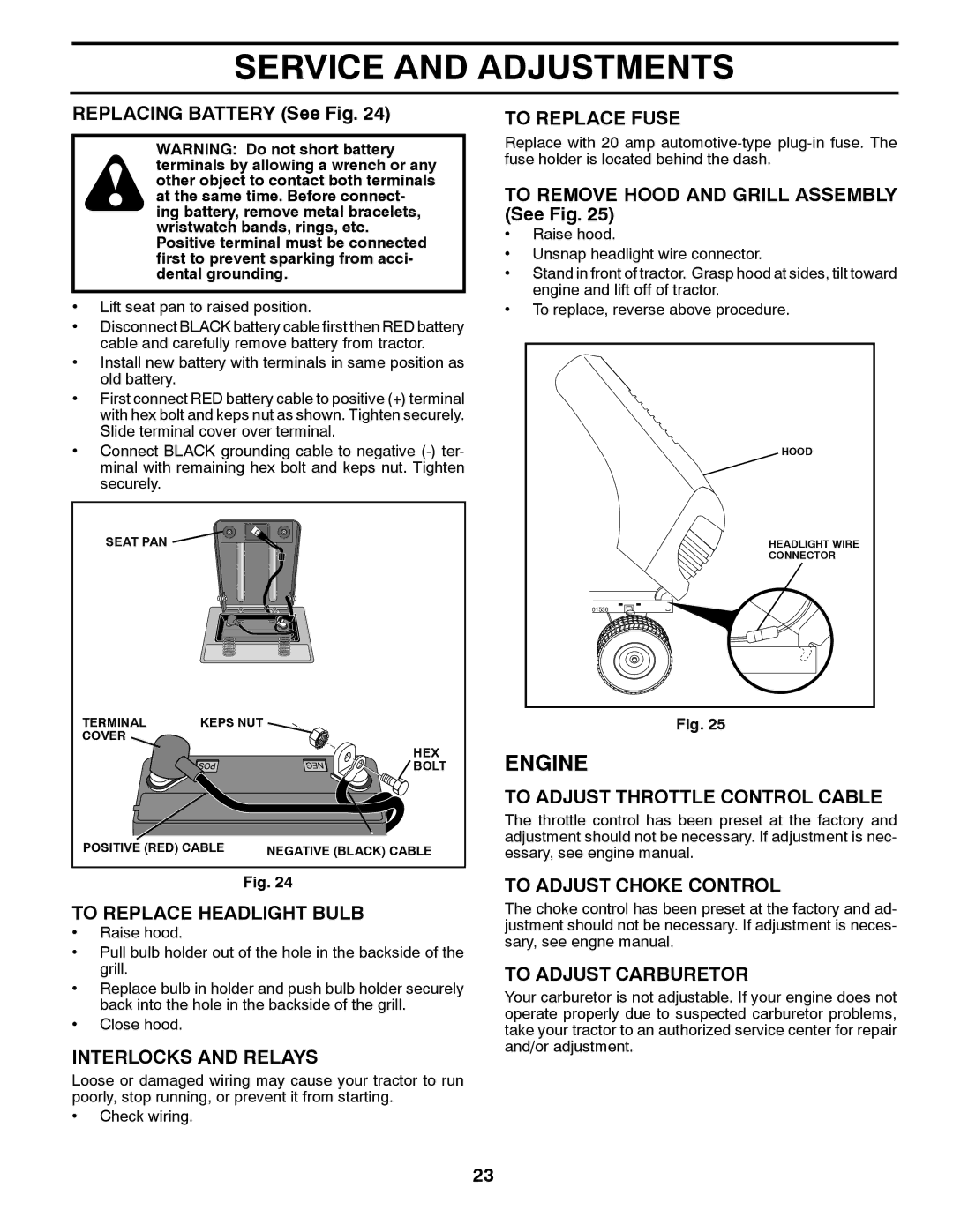 Weed Eater 435073 To Replace Headlight Bulb, Interlocks and Relays, To Replace Fuse, To Adjust Throttle Control Cable 