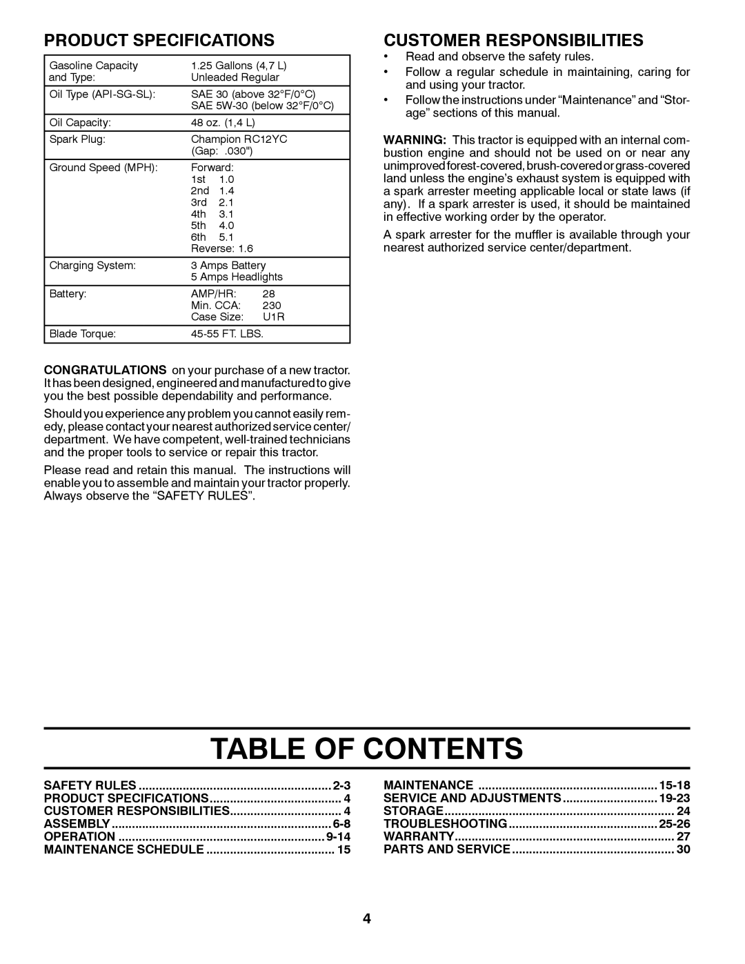 Weed Eater 96018000100, 435073 manual Table of Contents 