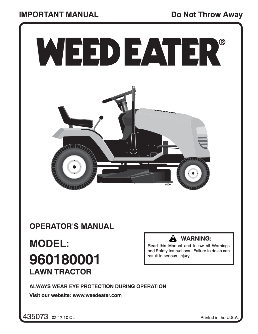 Weed Eater 96018000100, 435073 manual Model, Important Manual, Operators Manual, Lawn Tractor, Do Not Throw Away, 5000 
