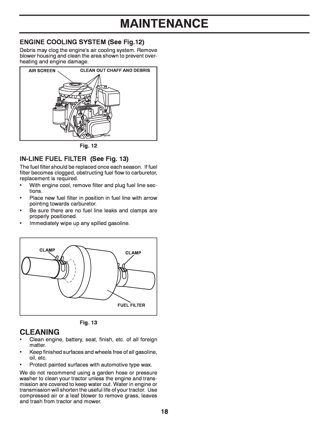 Weed Eater 96018000100, 435073 manual Cleaning, ENGINE COOLING SYSTEM See, IN-LINE FUEL FILTER See Fig, Maintenance 