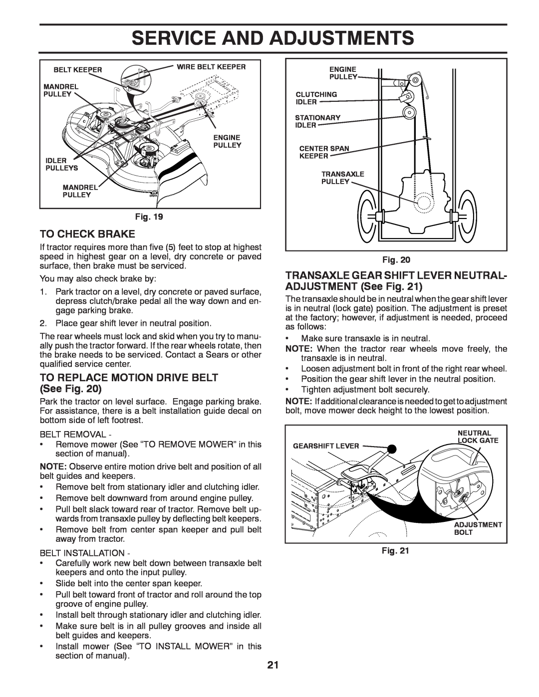 Weed Eater 96018000100, 435073 manual To Check Brake, TO REPLACE MOTION DRIVE BELT See Fig, Service And Adjustments 
