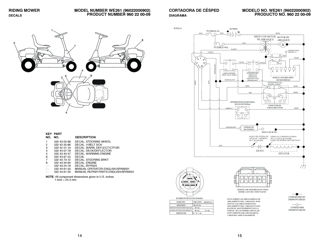 Weed Eater 96022000902 manual 532 42 51-13 DECAL, WARN. DEFLECT/CTFGR, DECAL, Bypass, Manual Operator ENGLISH/SPANISH 