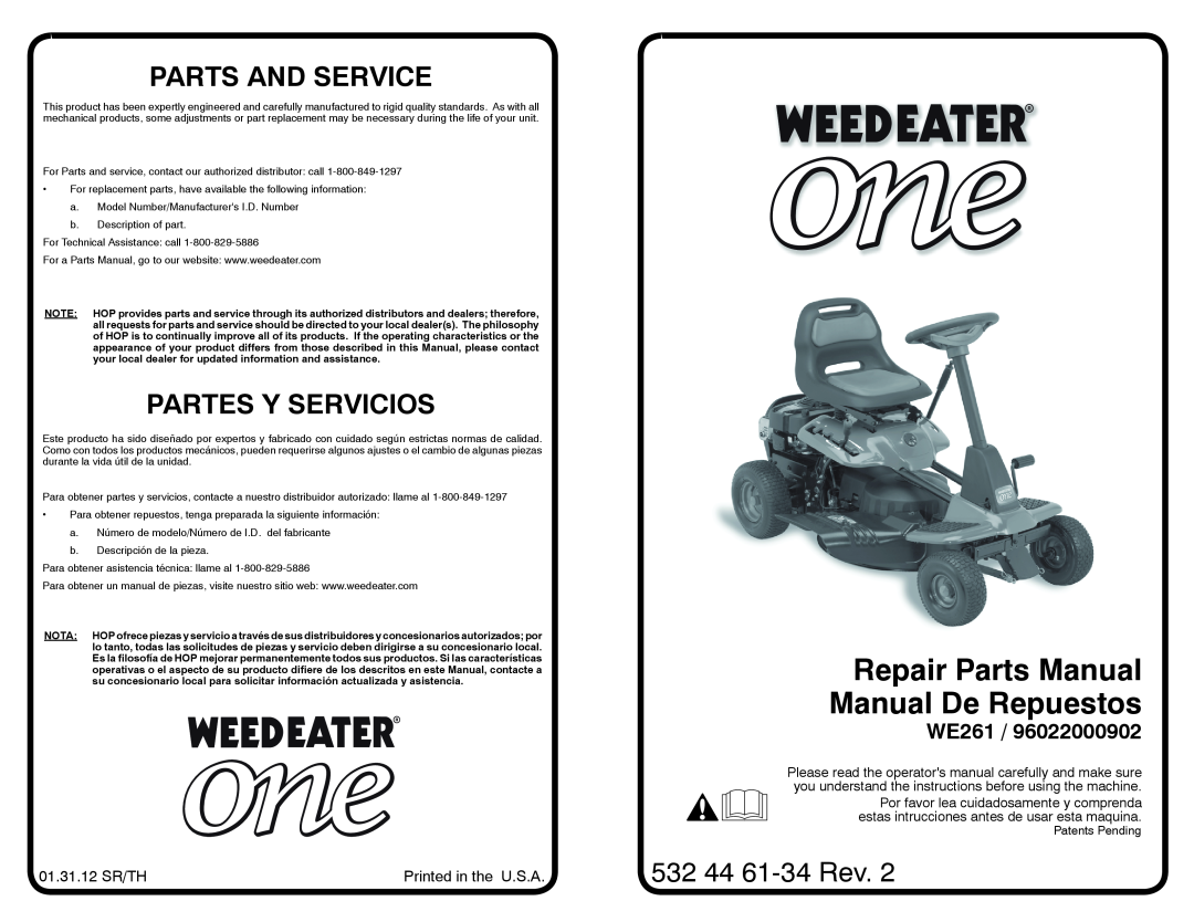 Weed Eater 96022000902 manual Repair Parts Manual Manual De Repuestos, Parts And Service, Partes Y Servicios, WE261 
