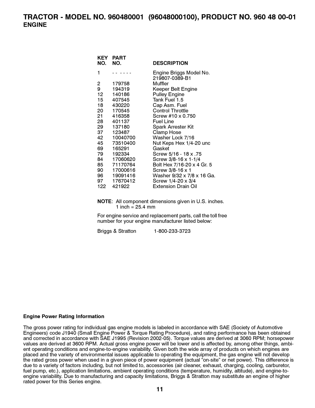 Weed Eater 96048000100 manual Engine Power Rating Information 