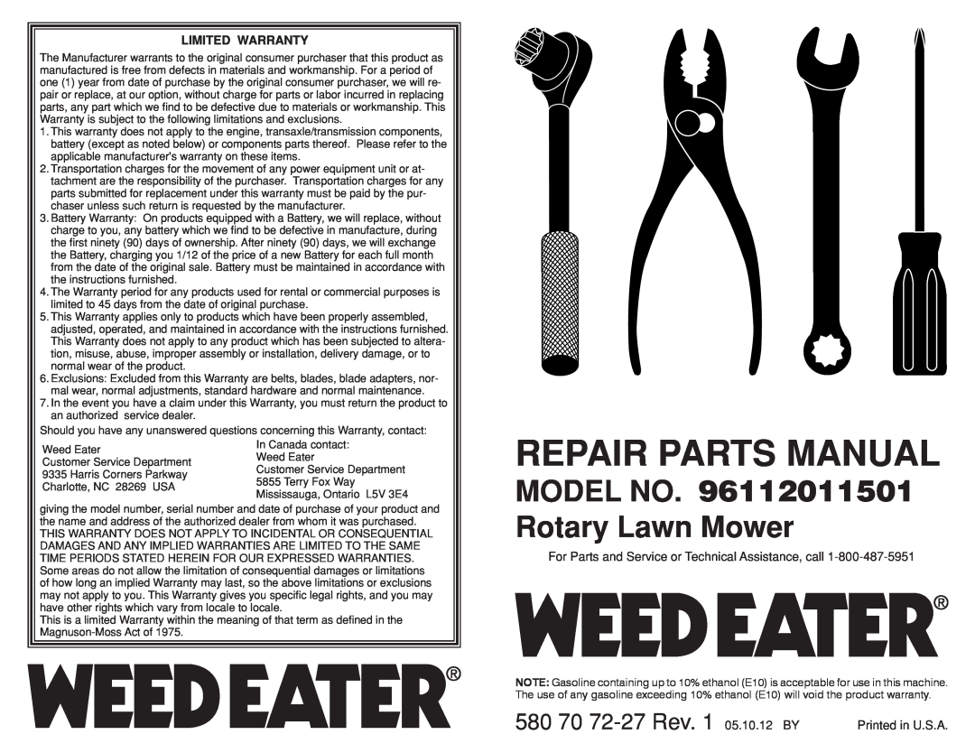 Weed Eater 96112011501 warranty Repair Parts Manual, MODEL NO. Rotary Lawn Mower, 580 70 72-27Rev. 1 05.10.12 BY 