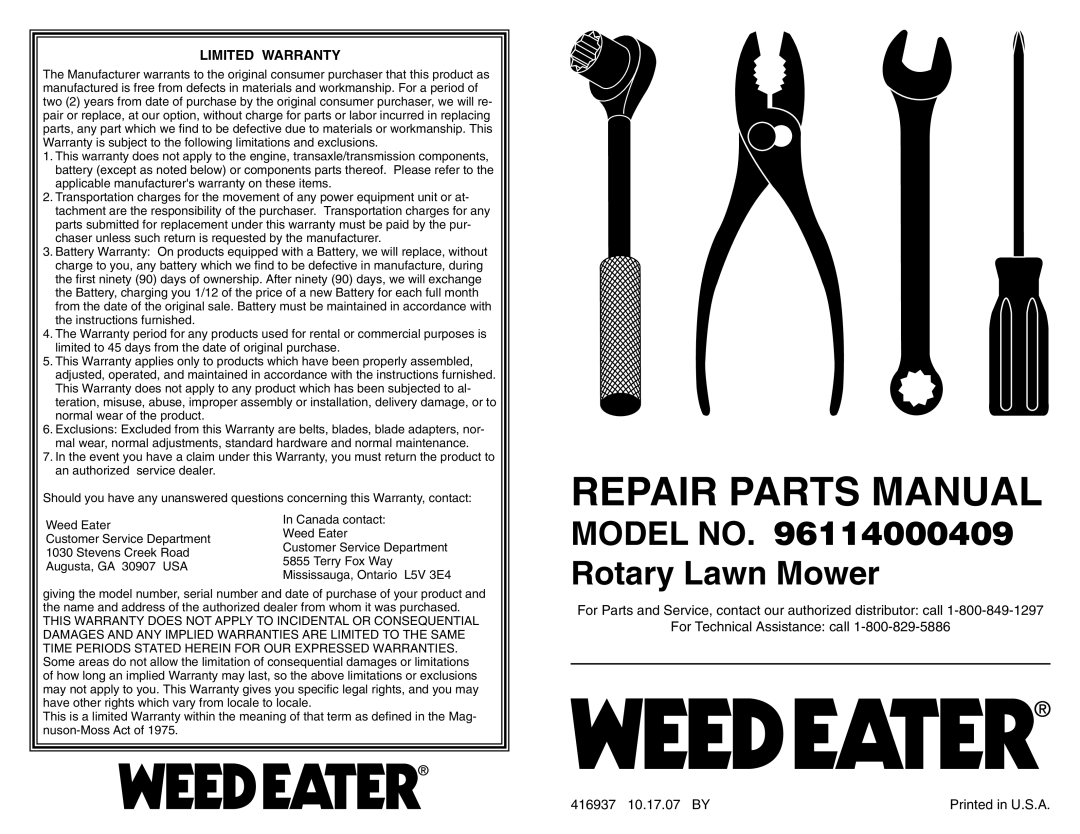 Weed Eater 96114000409 warranty Repair Parts Manual, Model no Rotary Lawn Mower, Limited Warranty 