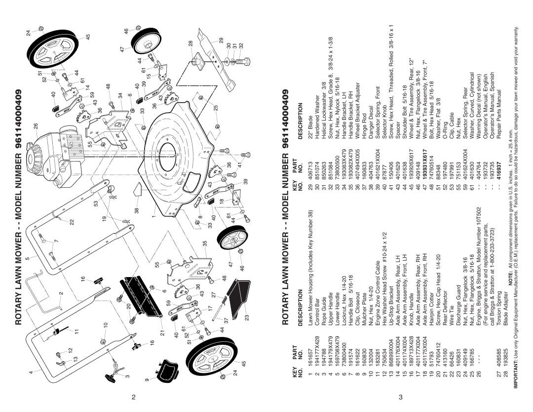 Weed Eater 96114000409 warranty Rotary Lawn Mower - Model Number, KEY Part Description, 193931X617, 416937 