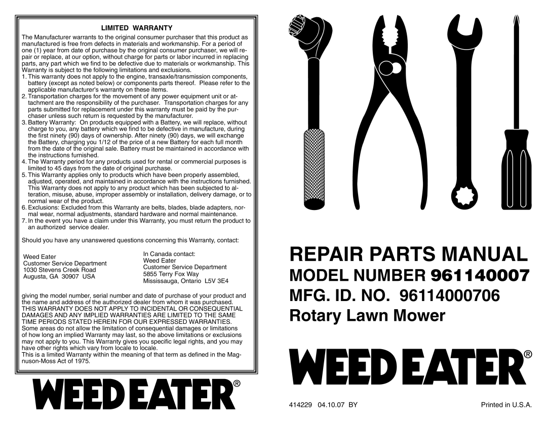 Weed Eater warranty Repair Parts Manual, Model Number 961140007 MFG. ID. no Rotary Lawn Mower, Limited Warranty 