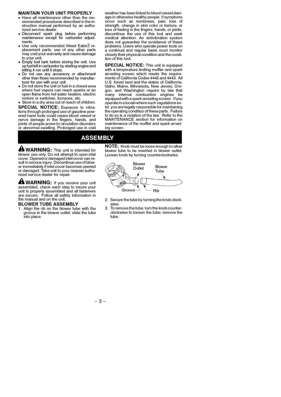 Weed Eater 530165291-01, B1750 LE instruction manual Maintain Your Unit Properly, Blower Tube Assembly 