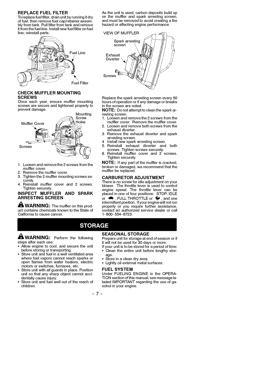 Weed Eater 530165291-01, B1750 LE instruction manual Storage 