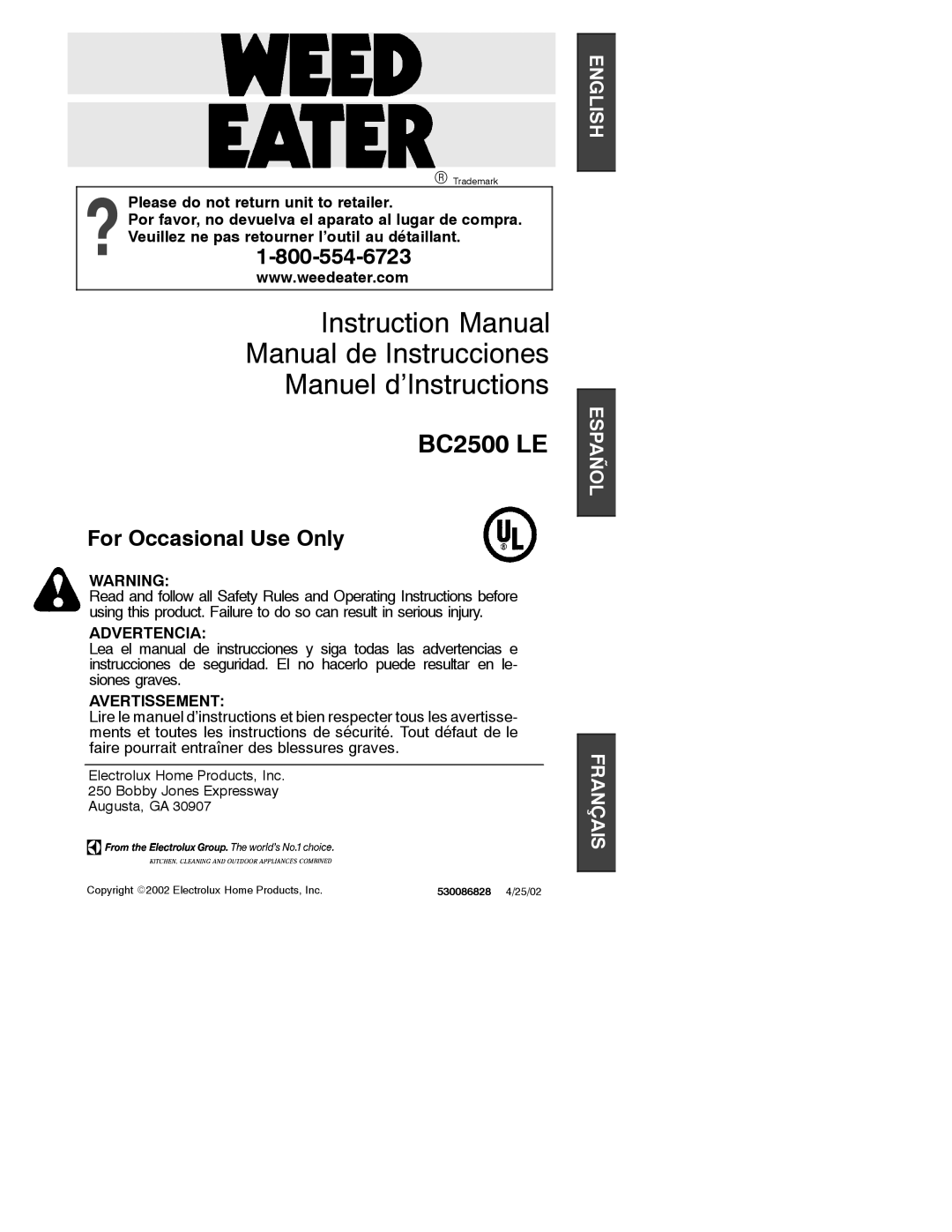 Weed Eater 530086828, BC2500 LE instruction manual Manual de Instrucciones Manuel d’Instructions 