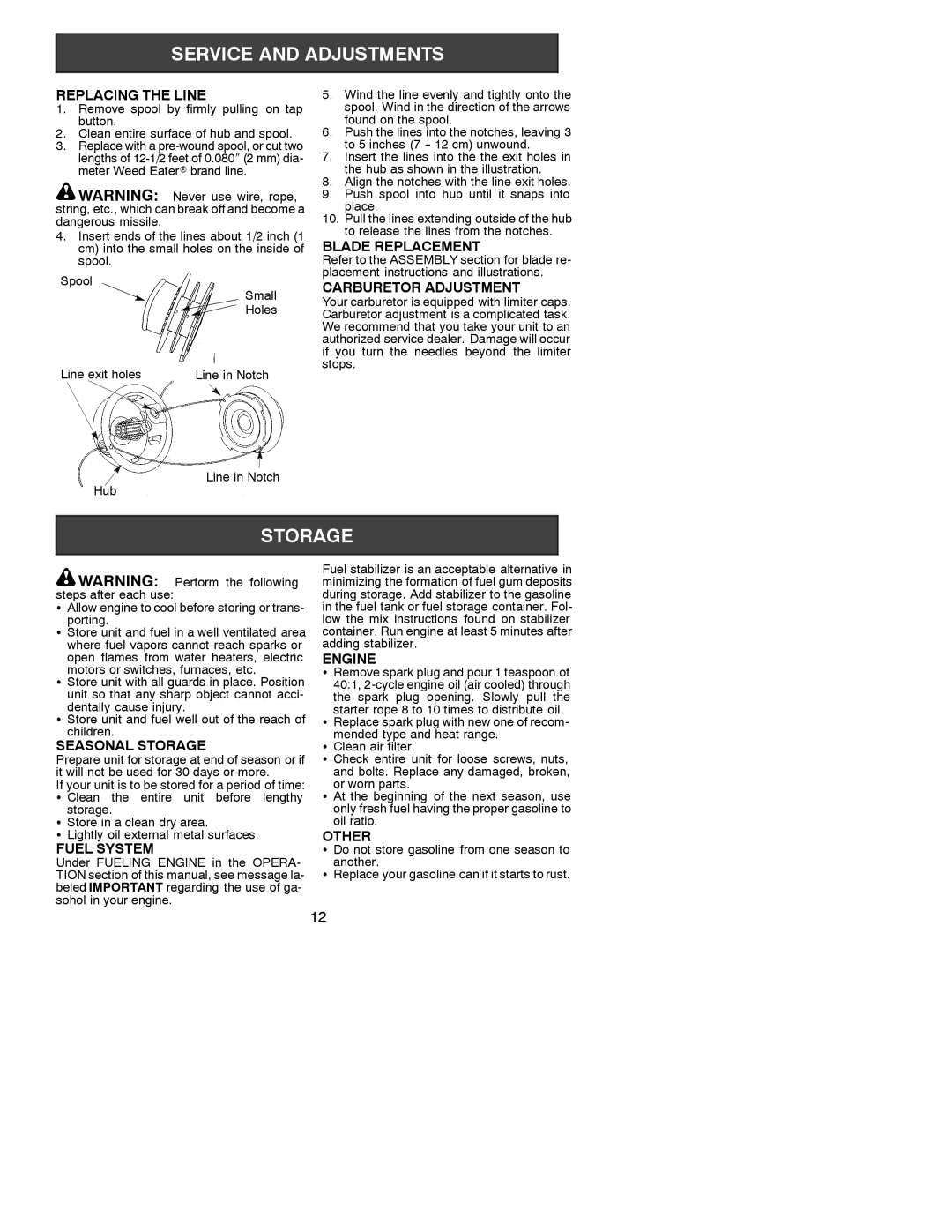 Weed Eater BC2500 LE Replacing the Line, Blade Replacement, Carburetor Adjustment, Seasonal Storage, Fuel System, Engine 