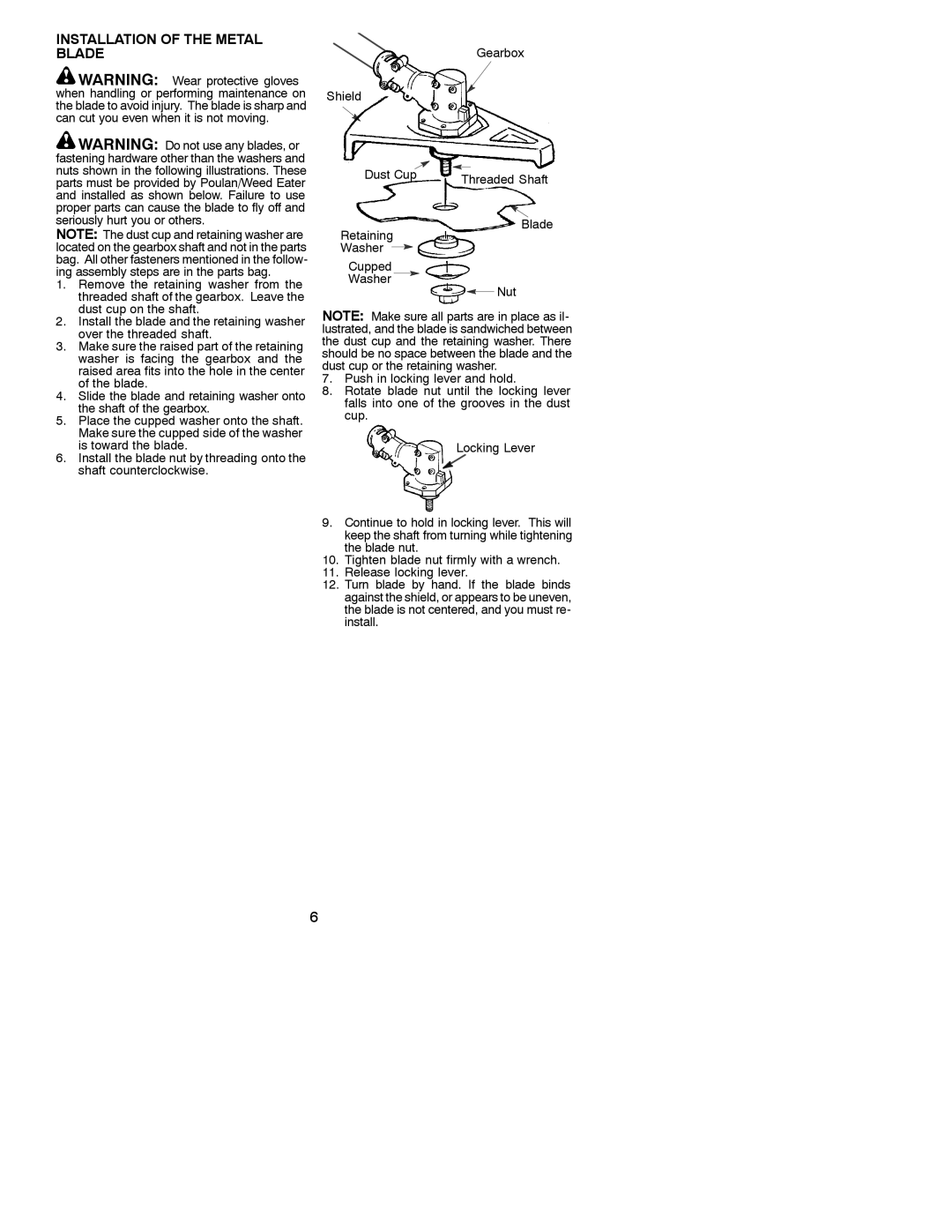 Weed Eater BC2500 LE, 530086828 instruction manual Installation of the Metal Blade 