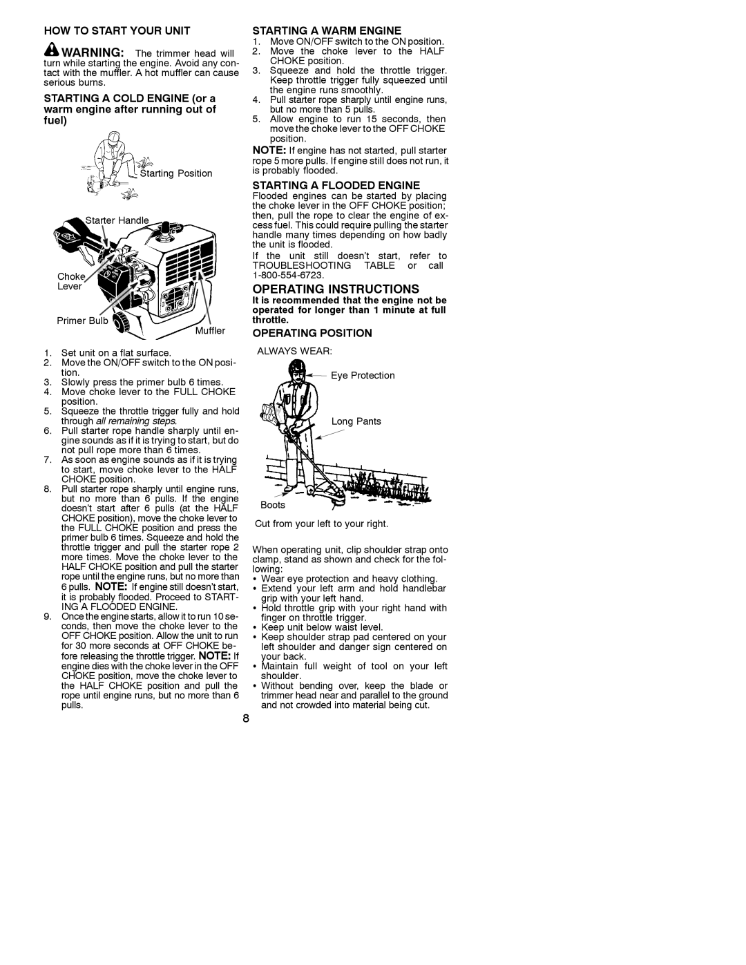 Weed Eater BC2500 LE HOW to Start Your Unit, Starting a Warm Engine, Starting a Flooded Engine, Operating Position 