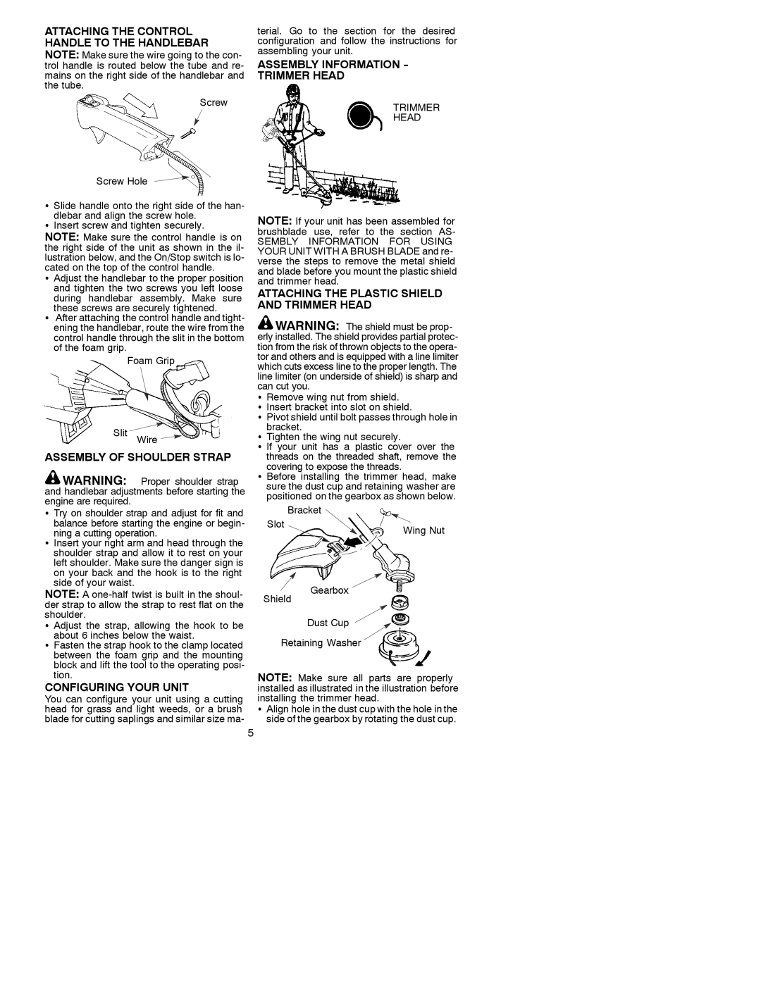 Weed Eater 530087645, BC3100 manual Attaching the Control Handle to the Handlebar, Assembly Information Trimmer Head 