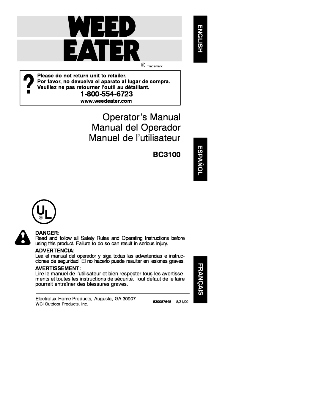 Weed Eater 530087645 manual Operator’s Manual Manual del Operador Manuel de l’utilisateur, BC3100, Danger, Advertencia 