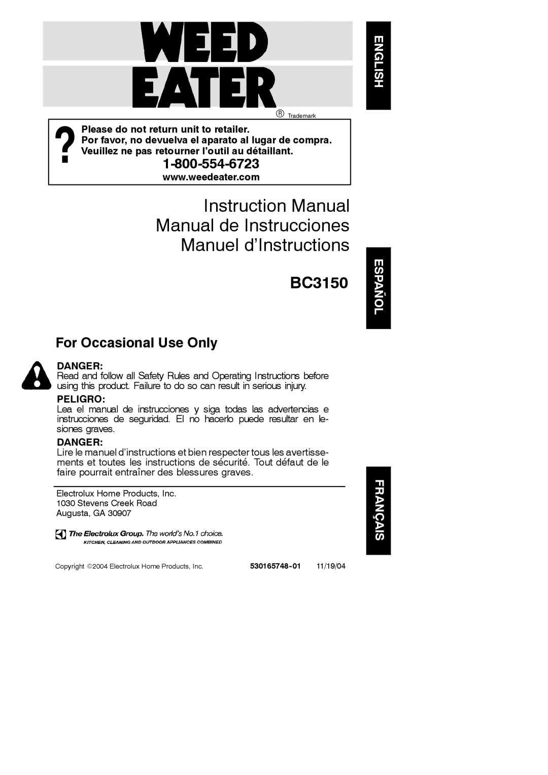 Weed Eater 530165748-01, BC3150 instruction manual Manual de Instrucciones Manuel d’Instructions, 11/19/04 