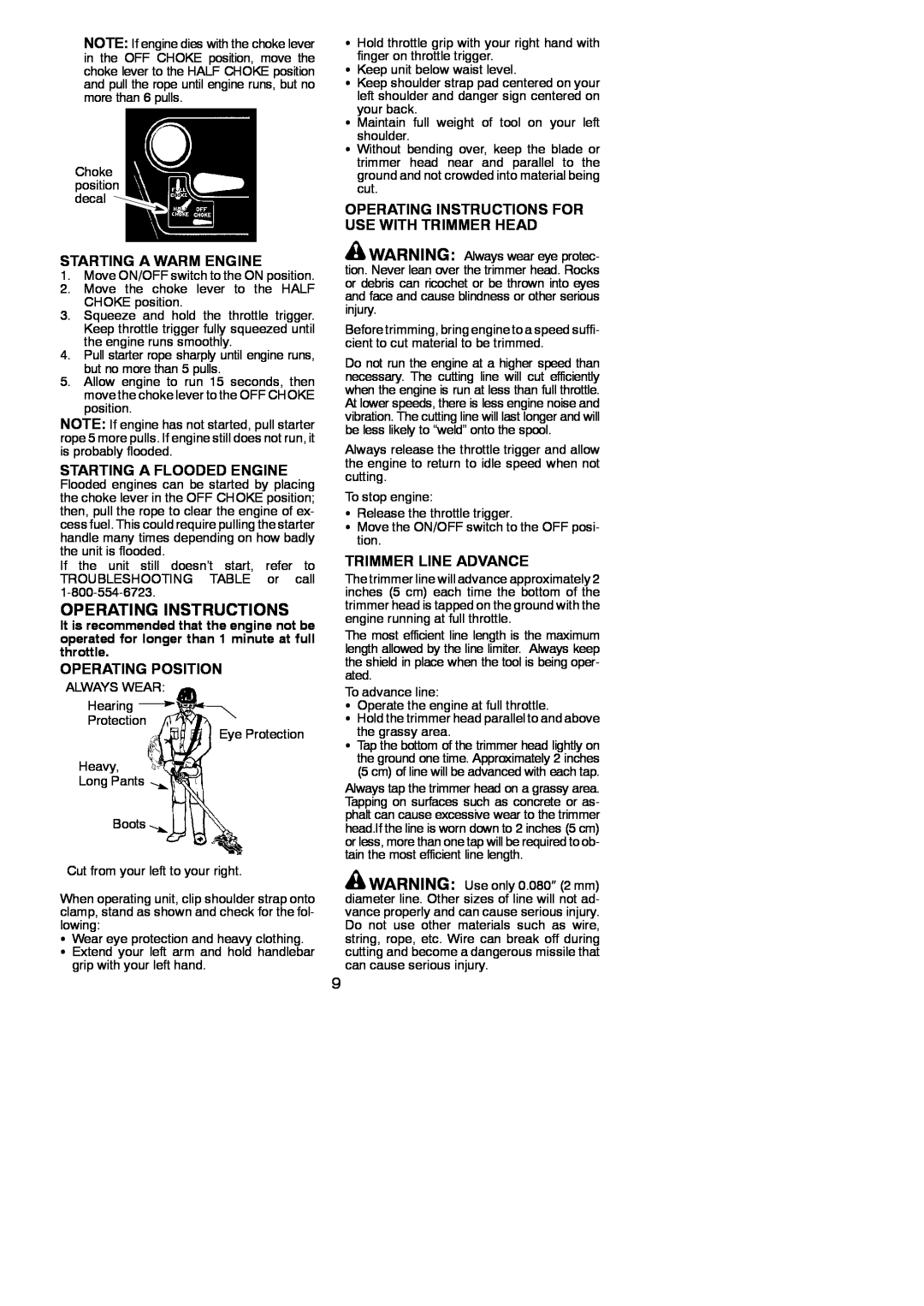 Weed Eater 530165748-01 Operating Instructions, Starting A Warm Engine, Starting A Flooded Engine, Operating Position 