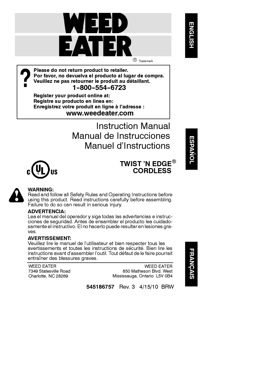 Weed Eater 952711896, Cordless instruction manual Manual de Instrucciones Manuel d’Instructions, English Español Français 