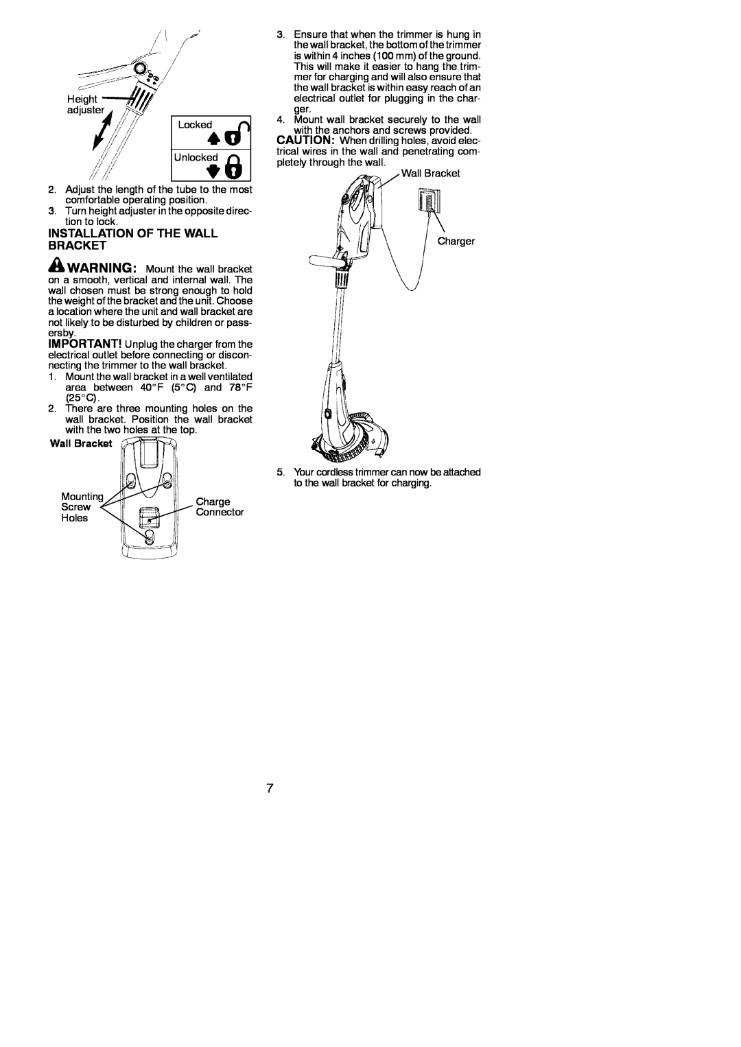 Weed Eater 952711896, Cordless instruction manual Installation Of The Wall Bracket 