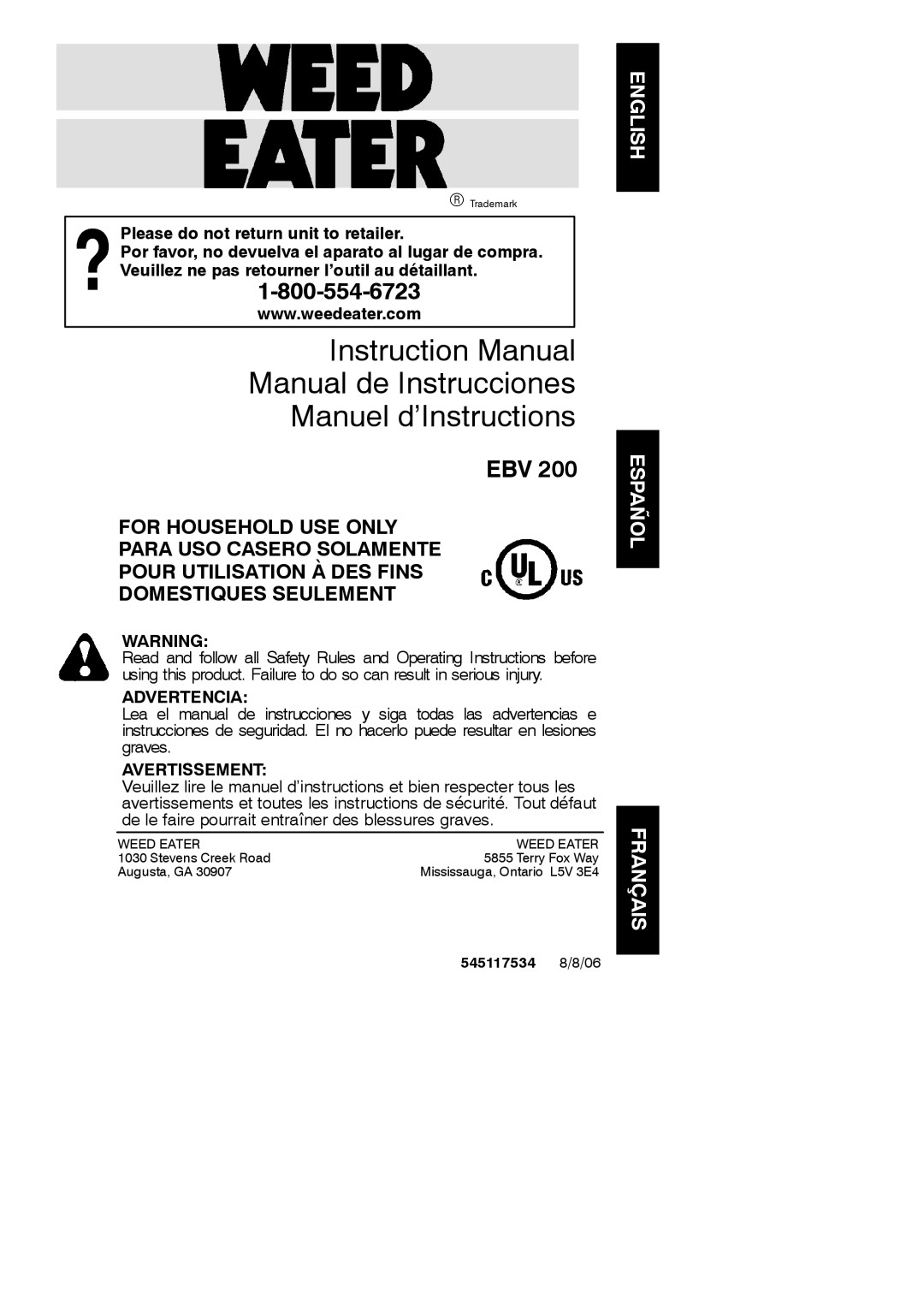 Weed Eater 545117534, EBV 200 instruction manual English Español, Français 