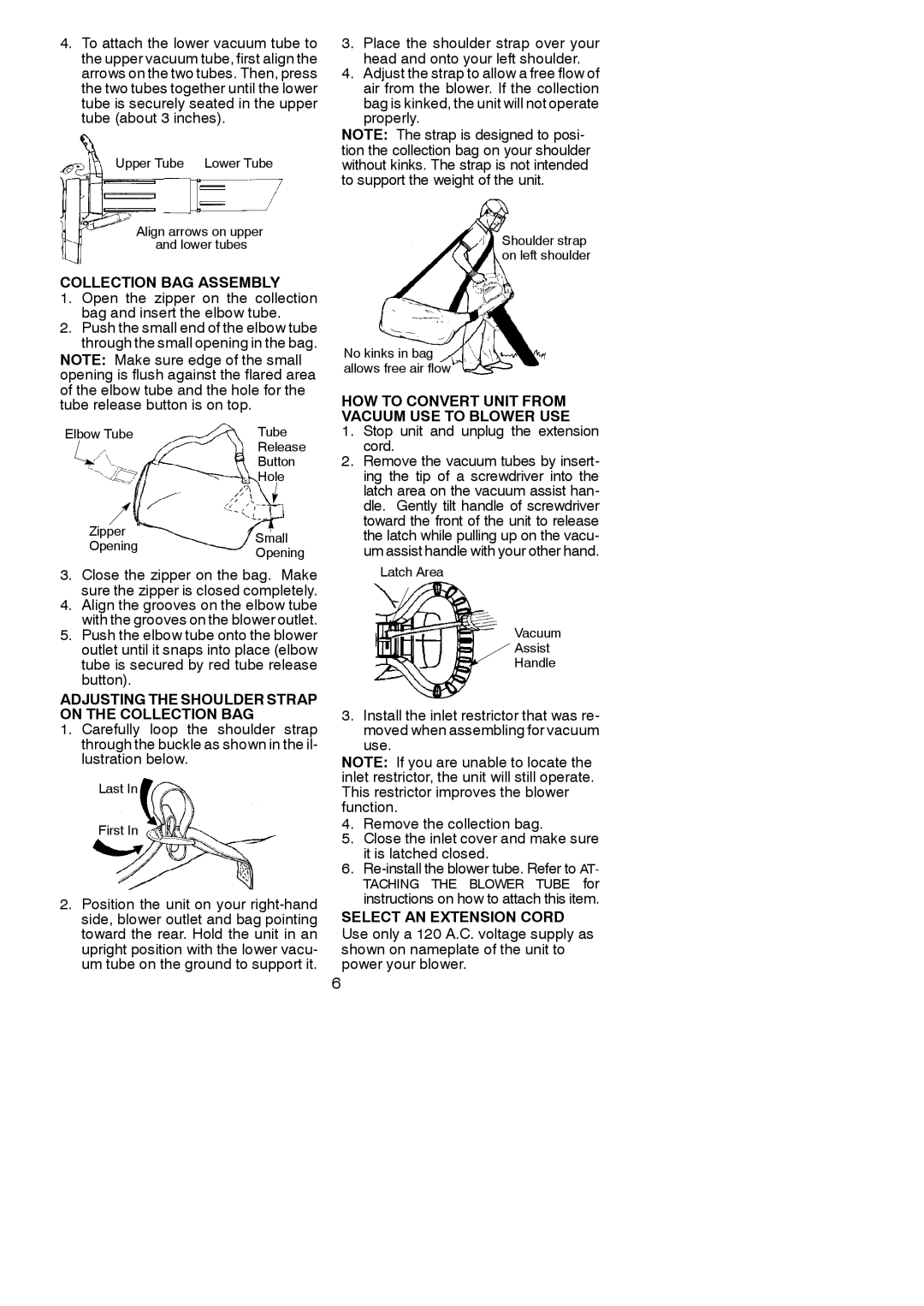 Weed Eater EBV 200 Collection BAG Assembly, Adjusting the Shoulder Strap on the Collection BAG, Select AN Extension Cord 