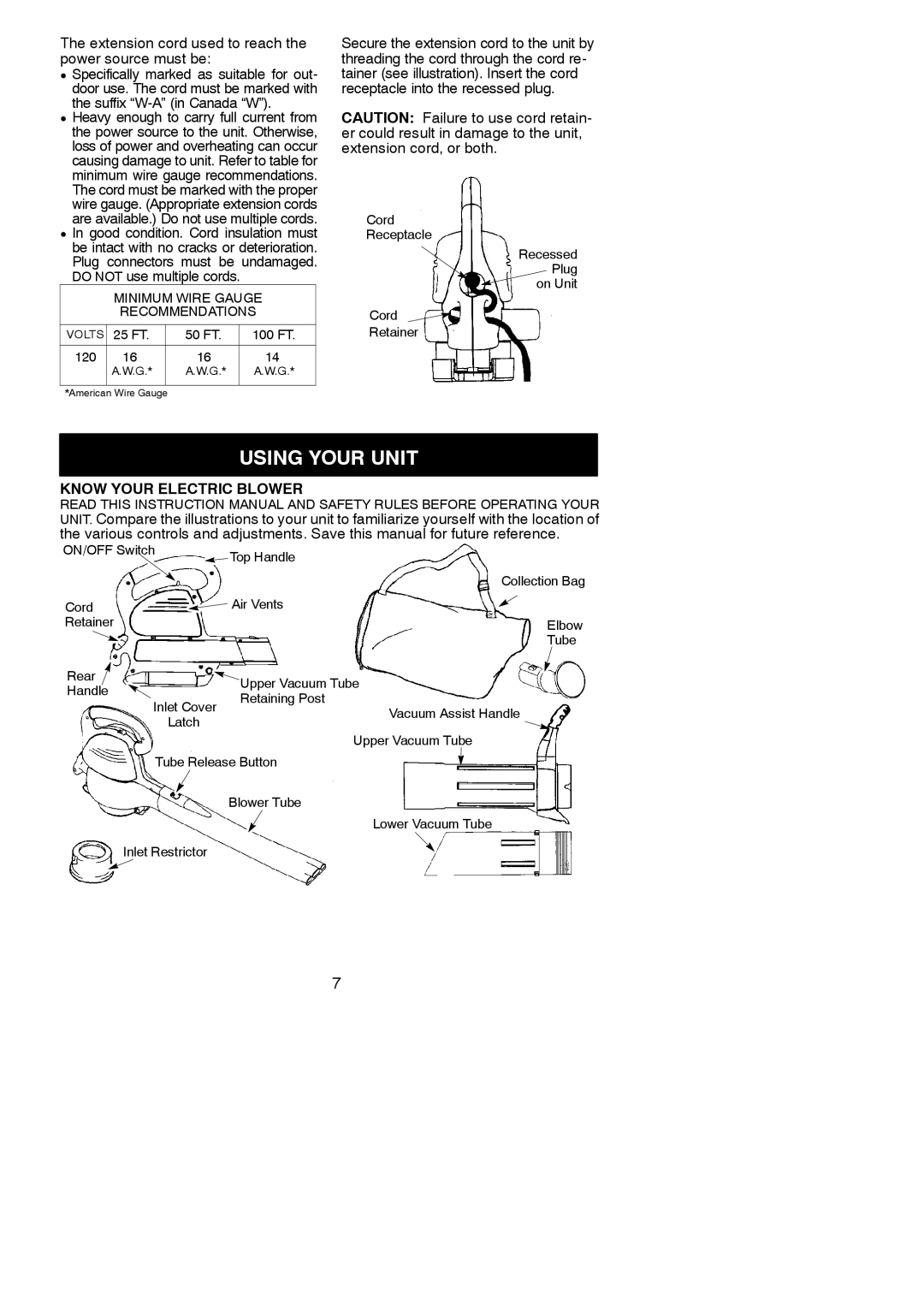 Weed Eater 545117534, EBV 200 Extension cord used to reach the power source must be, Know Your Electric Blower 