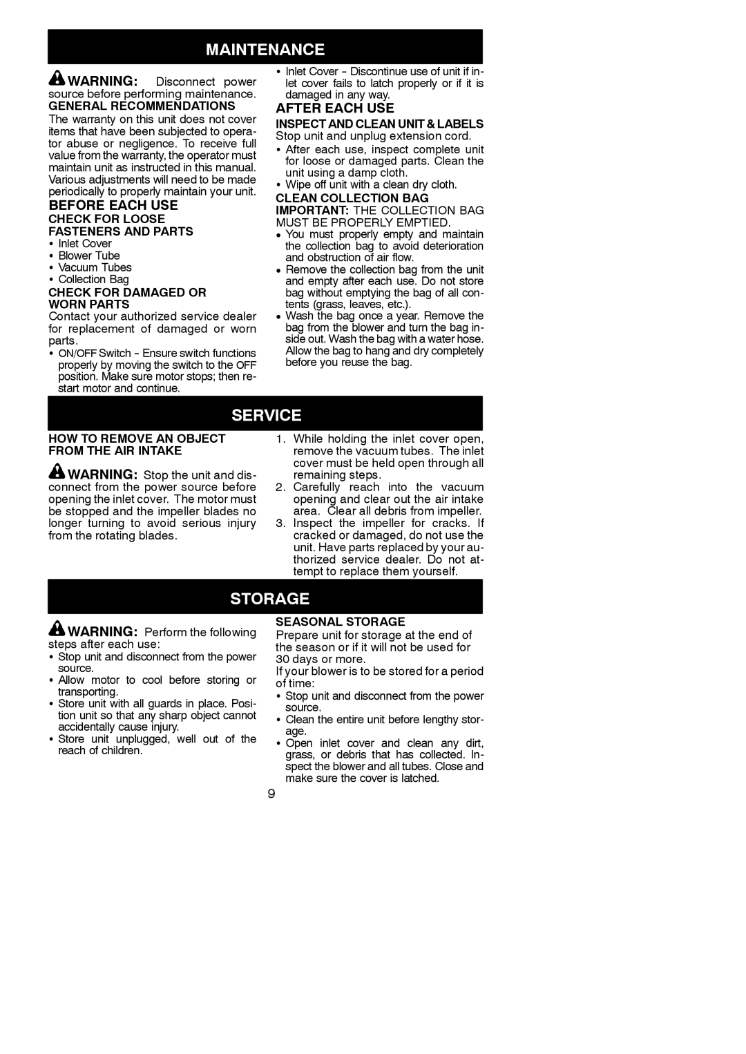 Weed Eater 545117534, EBV 200 instruction manual Maintenance, Service, Storage 