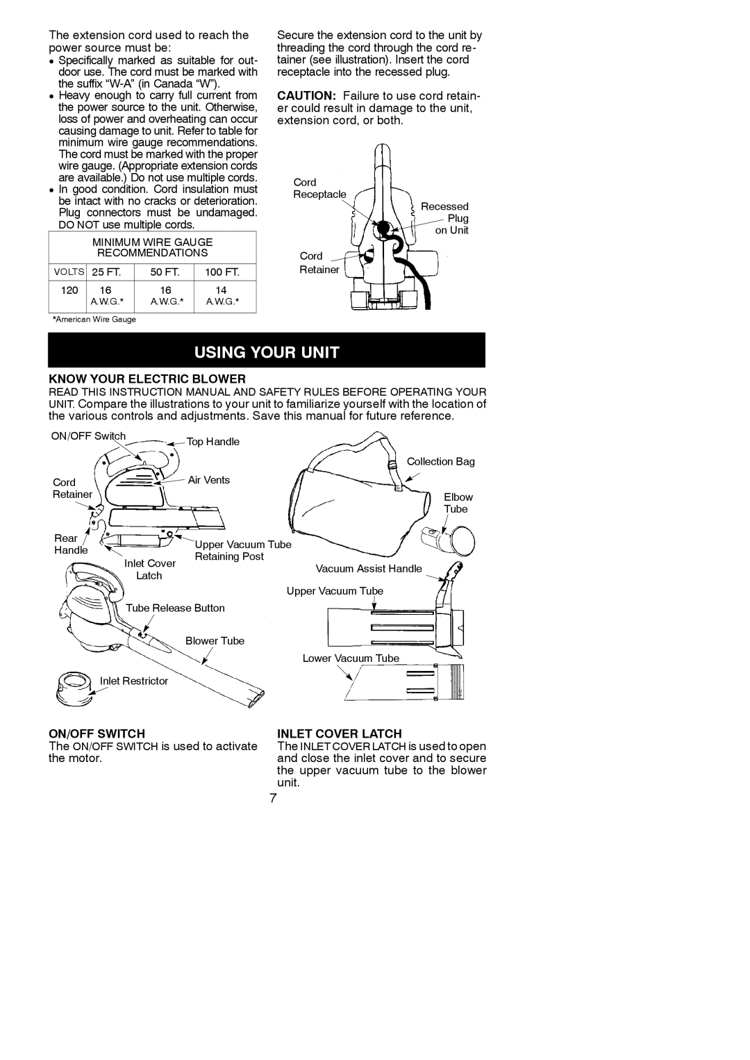 Weed Eater 545117525, EBV 215 Extension cord used to reach the power source must be, Know Your Electric Blower 