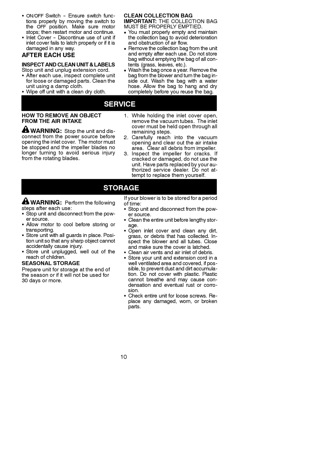 Weed Eater EBV VS, 545117528 Service, After Each USE, HOW to Remove AN Object from the AIR Intake, Seasonal Storage 