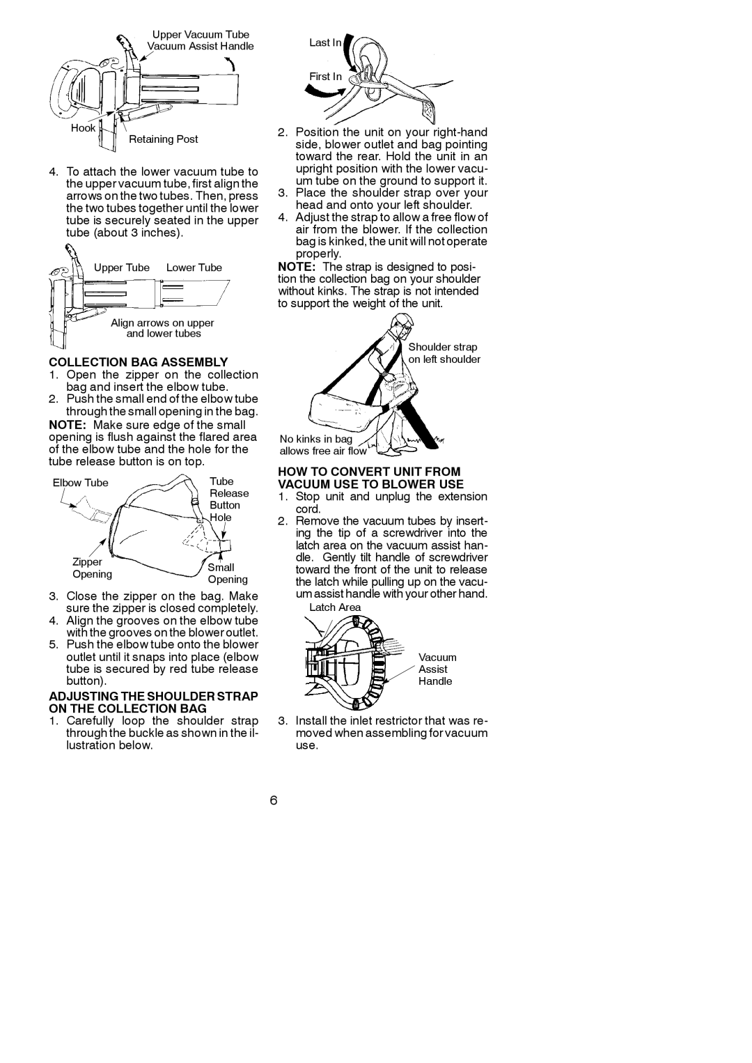 Weed Eater EBV VS, 545117528 instruction manual Collection BAG Assembly, Adjusting the Shoulder Strap on the Collection BAG 