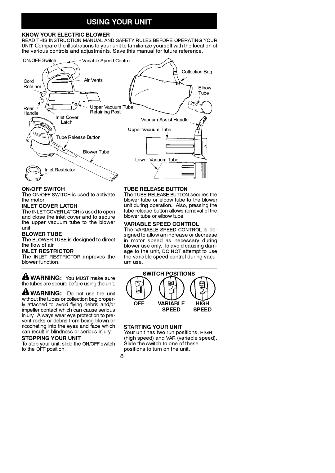 Weed Eater EBV VS Know Your Electric Blower, ON/OFF Switch Tube Release Button, Inlet Cover Latch, Variable Speed Control 