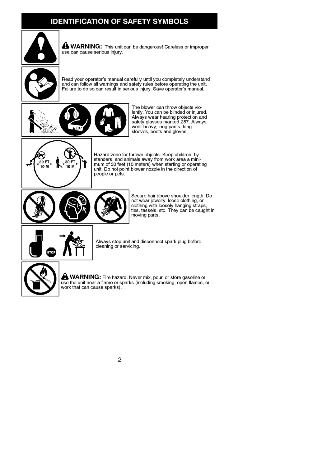 Weed Eater FB25, 545186729 instruction manual Identification of Safety Symbols 