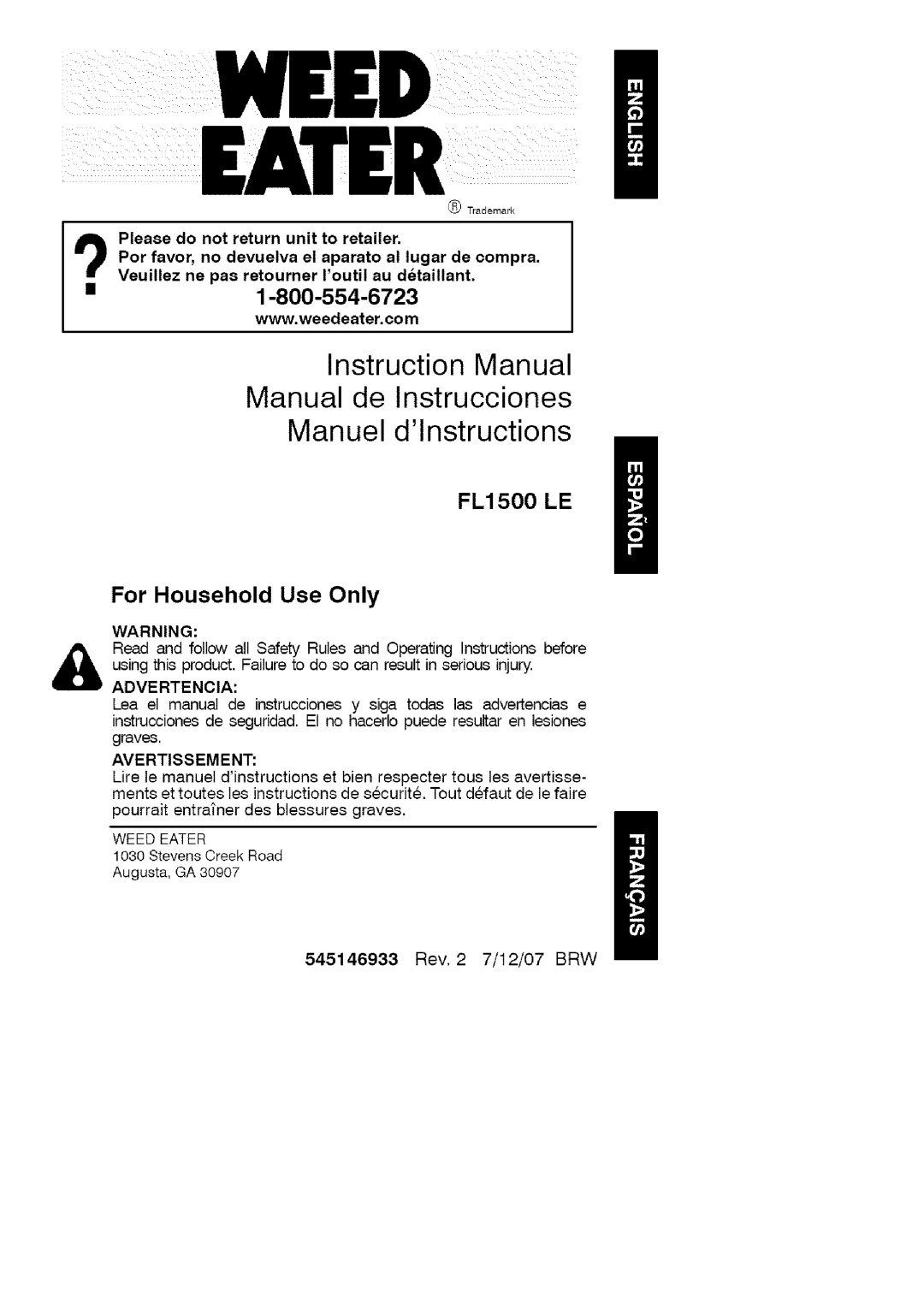 Weed Eater 358.79489, FL1500 LE H manual Manual de Instrucciones Manuel dlnstructions, LO3O Stevens Creek Road Augusta, GA 