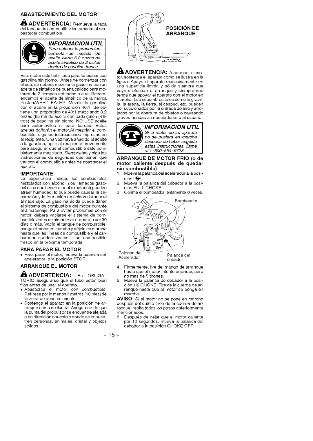 Weed Eater 358.79489, FL1500 LE H manual Advertencia Es Obliga, Abastecimiento DEL Motor, Para Parar EL Motor 