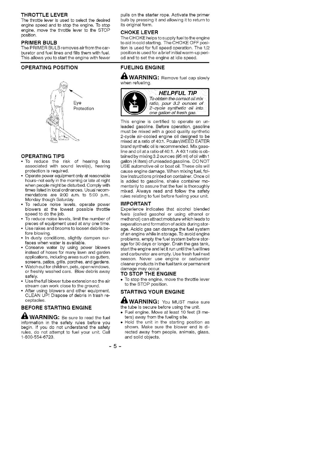 Weed Eater 358.79489, FL1500 LE H manual Throttle Lever, Primer Bulb, Before Starting Engine, Choke Lever, Fueling Engine 