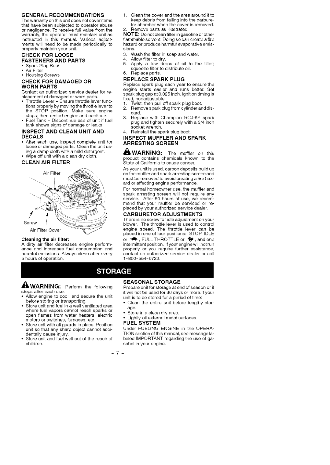 Weed Eater 358.79489 General Recommendations, Check for Loose Fasteners and Parts, Check for Damaged or Worn Parts, Decals 