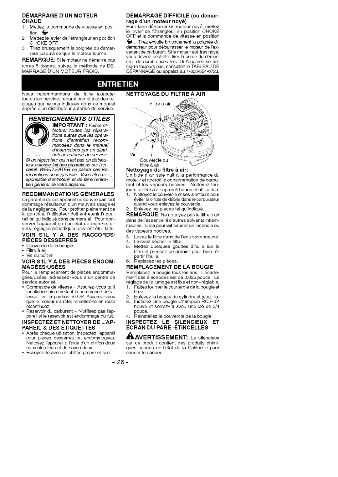 Weed Eater FL1500 LE H, 358.79489 Renseignements Utiles, Nettoyage Du Filtre A Air, Filtre & air, D#Marrage Dun Moteur 
