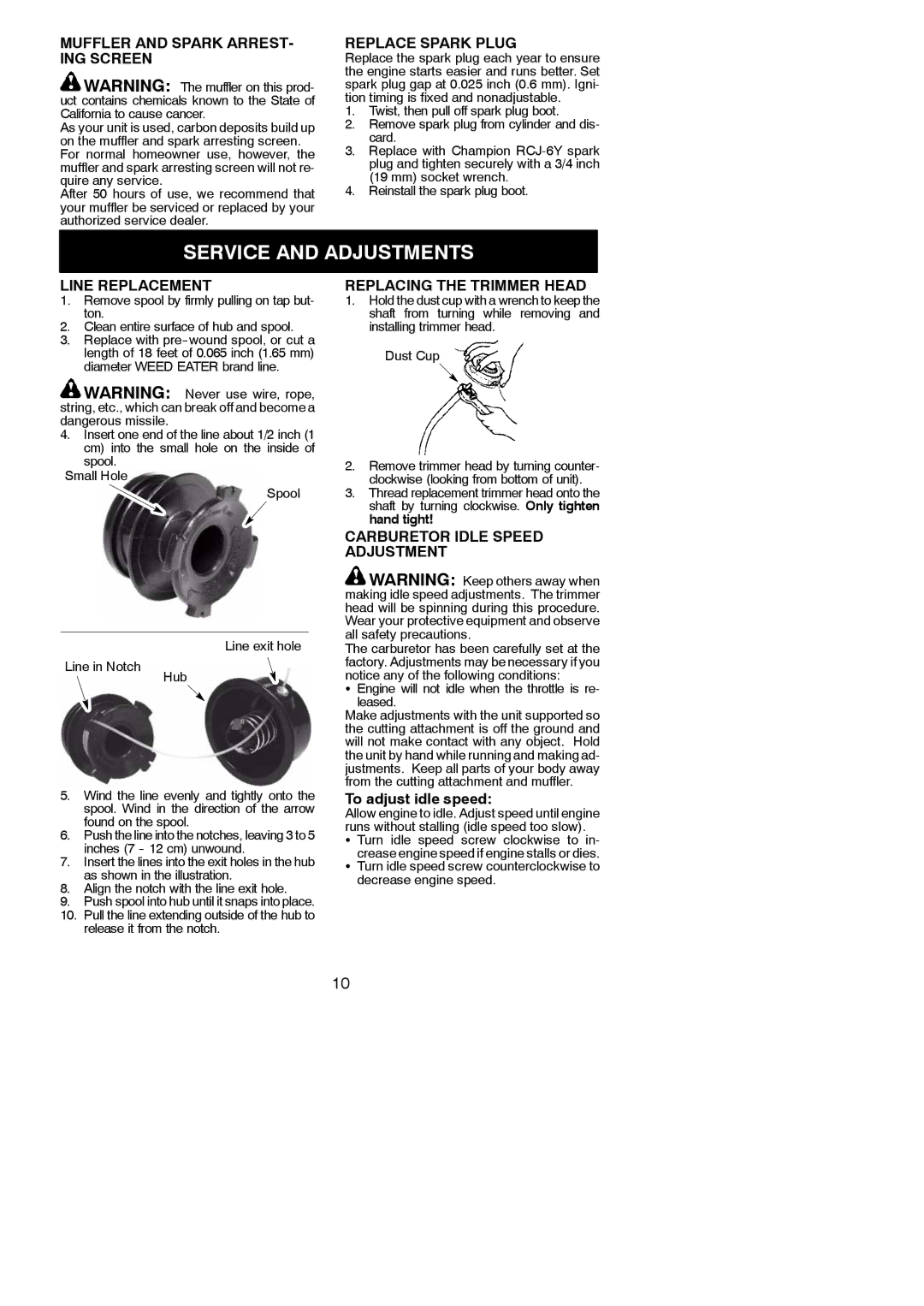 Weed Eater FL20C, 545186794 instruction manual Service and Adjustments 