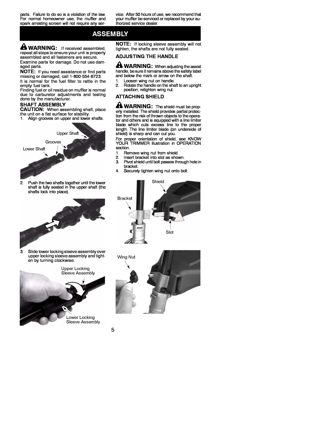 Weed Eater FL25C instruction manual Shaft Assembly, Adjusting The Handle, Attaching Shield 