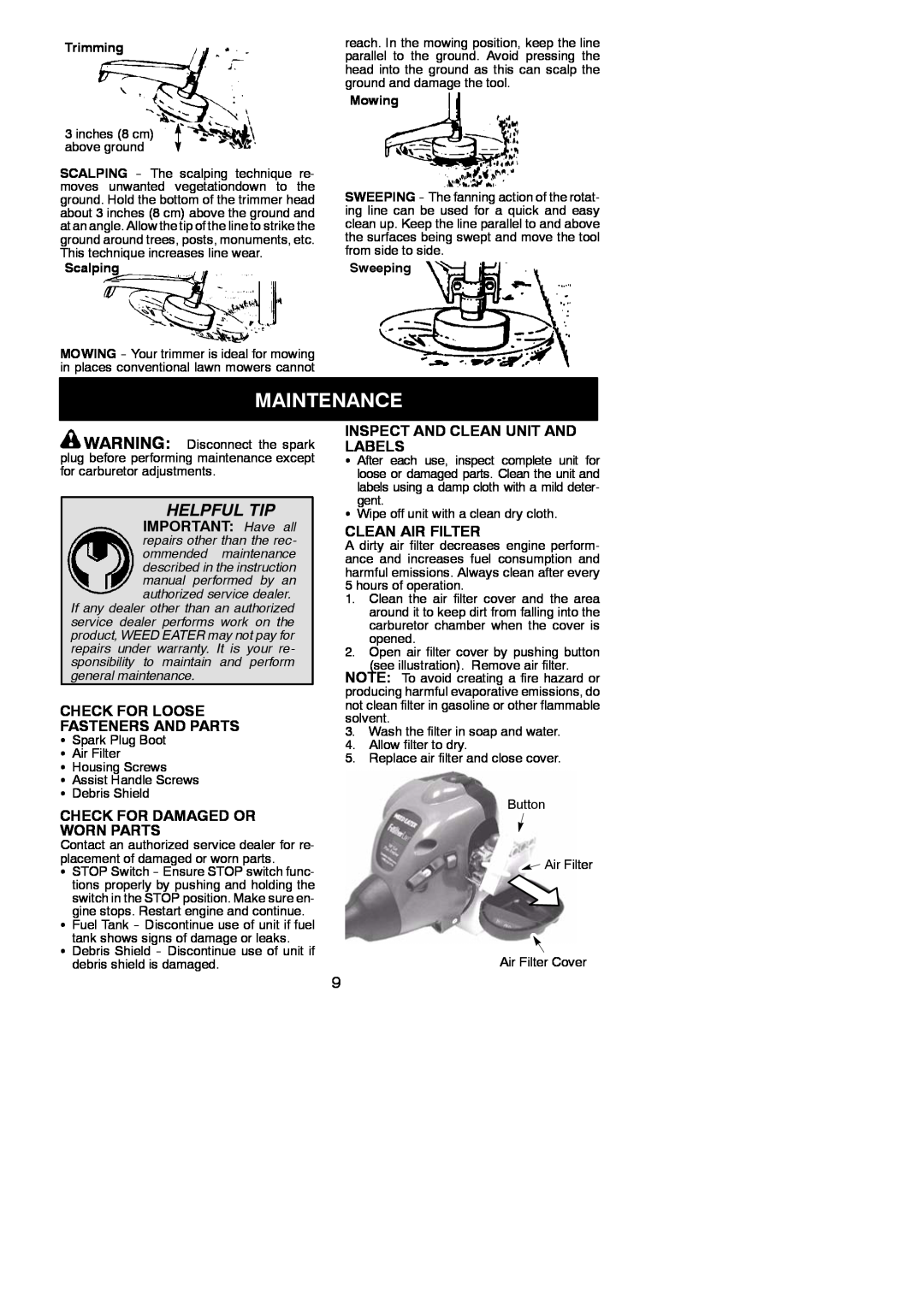 Weed Eater FL25C Maintenance, Helpful Tip, IMPORTANT Have all, Check For Loose Fasteners And Parts, Clean Air Filter 