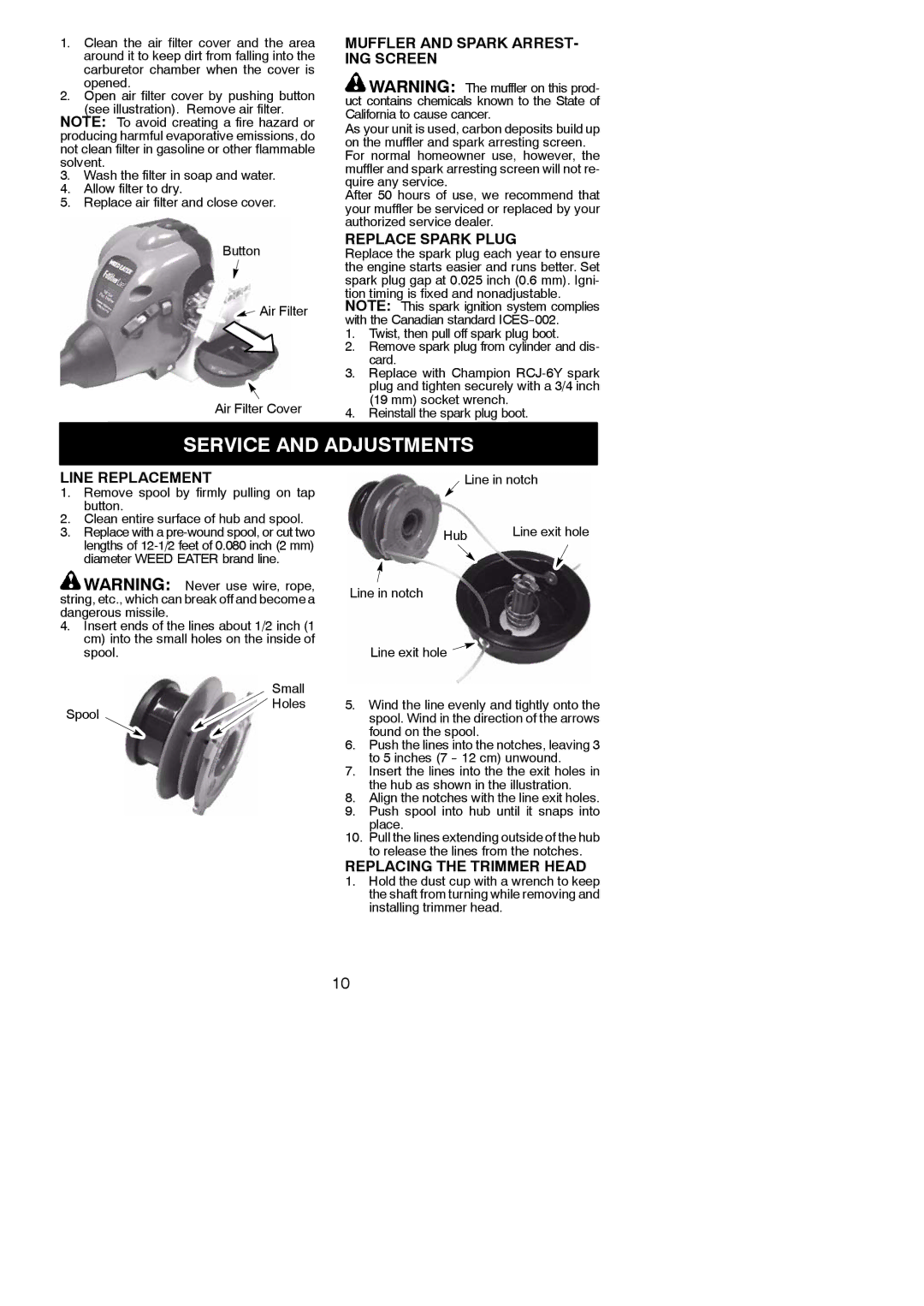 Weed Eater FX20SC Service and Adjustments, Muffler and Spark ARREST- ING Screen, Replace Spark Plug, Line Replacement 