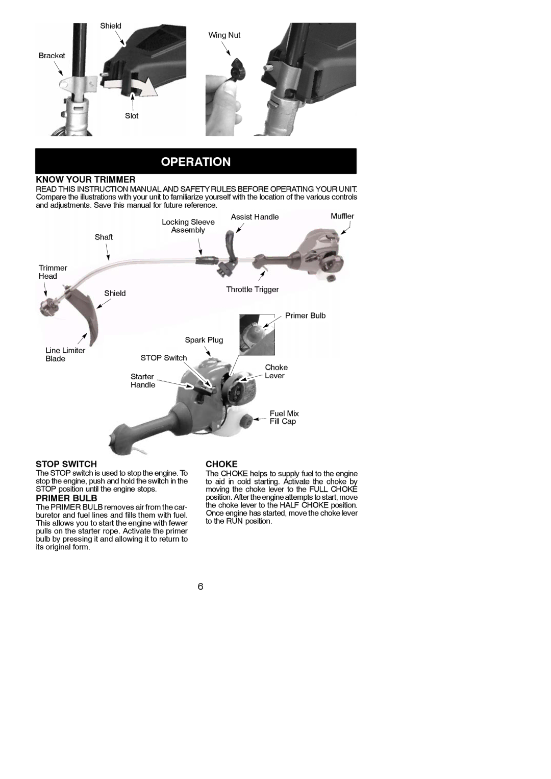 Weed Eater FX20SC, 952711941 instruction manual Operation, Know Your Trimmer, Stop Switch, Primer Bulb, Choke 